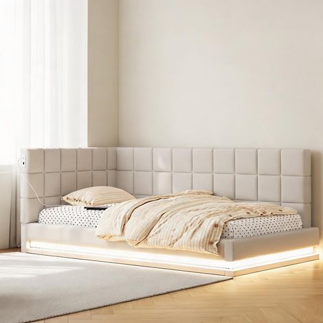 Cadre de lit beige en lin 206 x 97 x 63 cm (1/5)