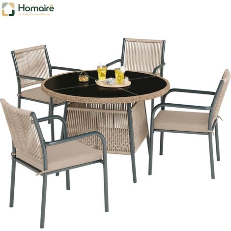 HOMAIRE Modernes Gartenmöbel-Set: Runder Glastisch + 4 Armlehnstühle aus Rattan mit Eisengestell für Terrasse, Balkon und Deck