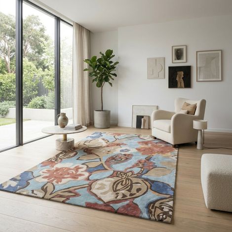 Tapis design FloralThreads - Designertapis - 290x190cm, Rectangular - 70% Laine vierge, 30% Soie de bambou - Tufté main - Bleu clair