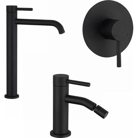Set Miscelatori con Lavabo Alto, Bidet senza Scarico e Incasso Doccia Monocomando in Ottone Nero Opaco Mod. Bette (1/4)