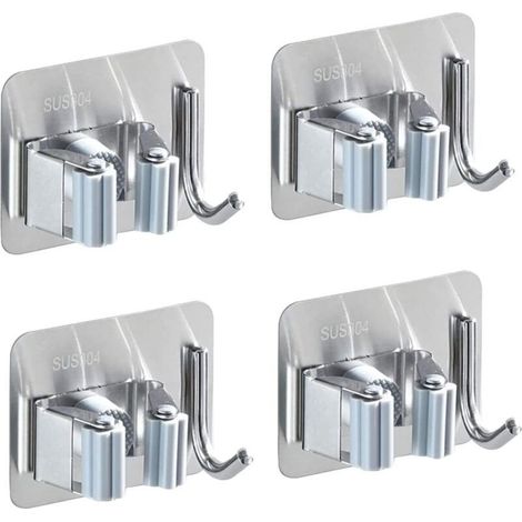 Lot de 4 supports muraux pour balai en acier inoxydable, porte-balai auto-adhésif, antirouille, avec 1 crochet et 1 fixation rapide pour vadrouille, balais et outils de jardin (1/5)