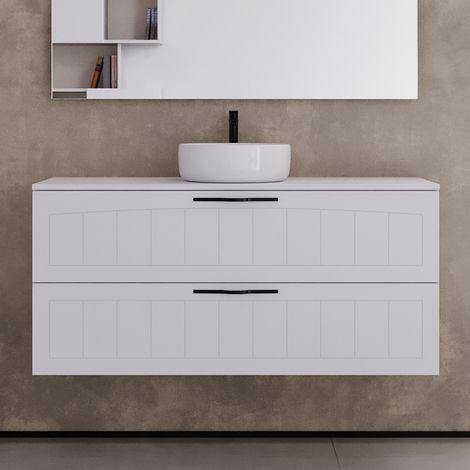 Meuble de salle de bain 120cm avec plateau et une vasque à poser ronde - 2 tiroirs - sans miroir - blanc - PIA (1/5)