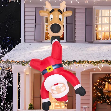 Père Noël gonflable 1,8 m sortant de fenêtre avec renne et LED, Décoration de Noël pour extérieur (1/5)