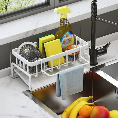 Support d'évier de cuisine en acier inoxydable, auto-drainant, support de rangement, porte-éponge, organisateur de shampoing, porte-serviettes (1/5)