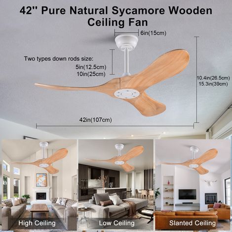 Ventilateur plafonnier 107 cm (42 po), 3 pales bois nature, style hélice, mémoire, télécommande, finition bois clair, moderne pour terrasse, séjour, chambre, usage intérieur/extérieur. (1/5)