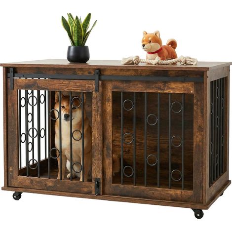 Relaxdays Dog Crate Furniture, with Shelf & Castors, 2 Doors, H x W x D: 64 x 100 x 59 cm, Brown/Black