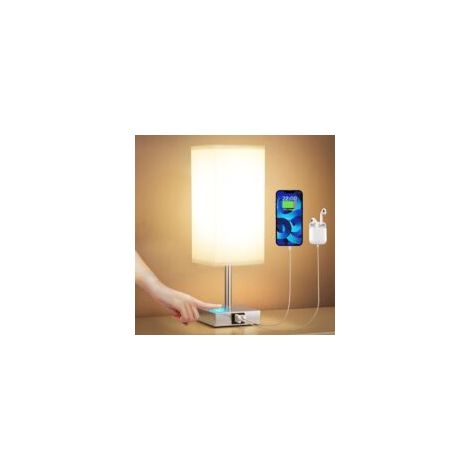 Nachttischlampe mit USB-A- und USB-C-Ladeanschlüssen, Touch-Bedienung, 3-stufiger Dimmfunktion, grauem Lampenschirm aus TC-Gewebe, Metallfuß, Tischleuchte für Wohnzimmer, Schlafzimmer, Hotel (Leuchtmi