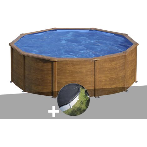 Kit piscine acier aspect bois Gré Pacific ronde 4,80 x 1,22 m + Bâche d'hivernage