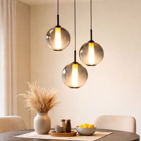 Hängeleuchte Pendellampe Esstischlampe Glaskugeln rauch 3 flammig LED H 120 cm