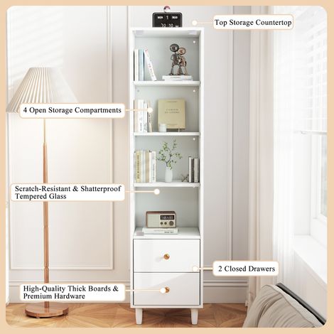 Vitrine LED avec portes vitrées et 2 tiroirs,style moderne poignées dorées. Couleur blanc,dimensions H165/W40/D35cm pour objets de collection.