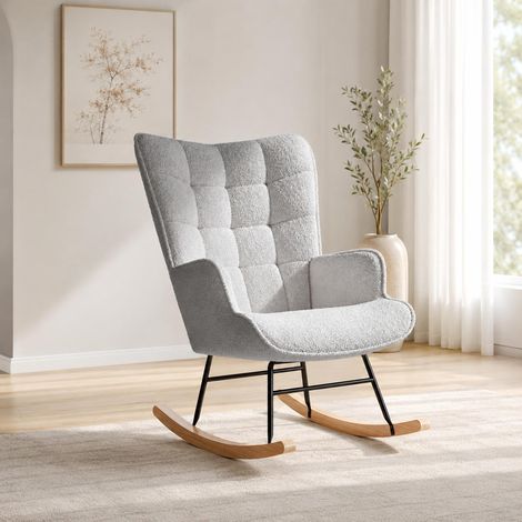 Poltrona a dondolo 75 × 69 × 92 cm, rocking chair di design per soggiorno e camera da letto, tessuto bouclé effetto teddy con gambe in legno e metallo, grigio (1/5)