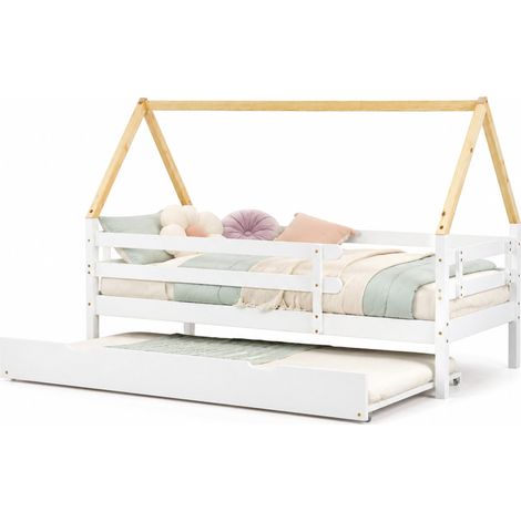 Lit cabane enfant avec lit gigogne coulissant, barrière de sécurité, structure bois blanc et bois clair, format 90x200 cm, pour chambre enfant - CHICFURN (1/5)