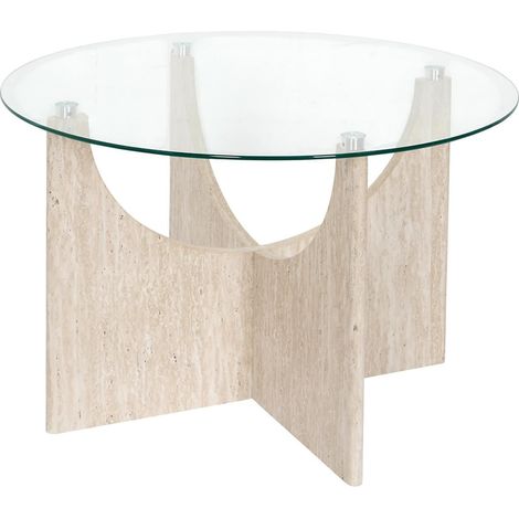 Table basse ronde effet travertin et verre PIETRA