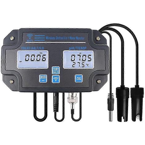 Testeur d'eau WiFi 6 en 1 intelligent mesurant le pH, la conductivité électrique, les TDS, la salinité, la densité et la température. (1/4)