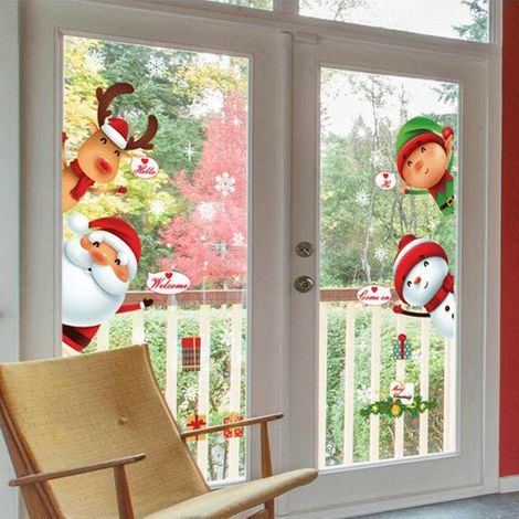 Stickers muraux décoratifs Père Noël, motifs de bonhommes de neige et de rennes, décorations de vitrines de centres commerciaux, stickers de Noël