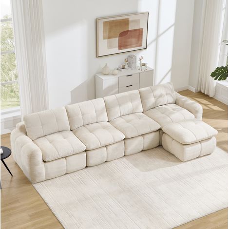 Canapé modulable d’angle 4 places sans cadre, revêtement chenille beige, assise large et profonde, montage sans outil (1/5)