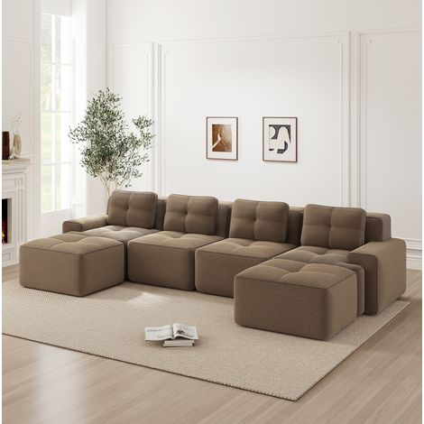 REDOM - Sofá modular en U 4 plazas, asiento profundo, sin montaje, base antideslizante, pana marrón (1/5)