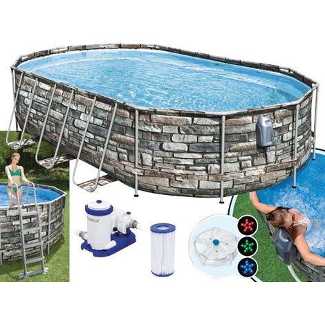 PISCINA OVALE FUORI TERRA STEEL COMFORT PIETRA BESTWAY 610x366xH122 -56719 + POMPA, SCALETTA, SISTEMA IDROMASSAGGIO (1/10)