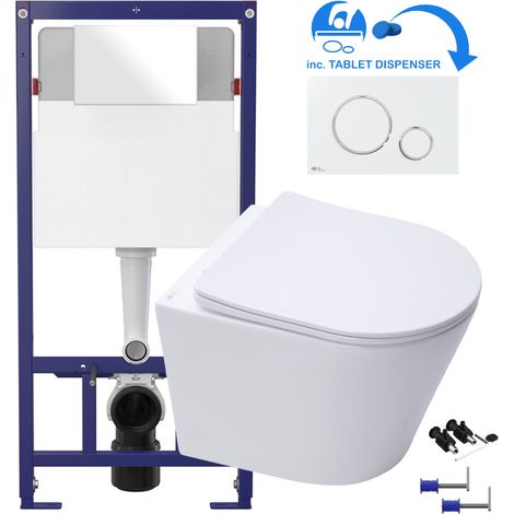 White D Shape Rimless Wall Hung Toilet & 1.12m Concealed WC Cistern Frame Set - Gloss White Plate (1/5)