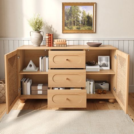 Credenza 140x40x80 cm in MDF e pannelli, naturale, 2 ante e 3 cassetti - MEUBLIV (1/5)