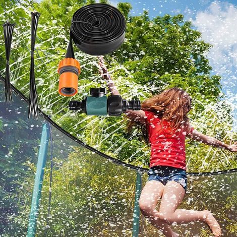 Spray trampoline, tuyau de pulvérisation de parc aquatique extérieur de 18m, pression d'eau réglable, avec aspersoir rotatif (1/5)