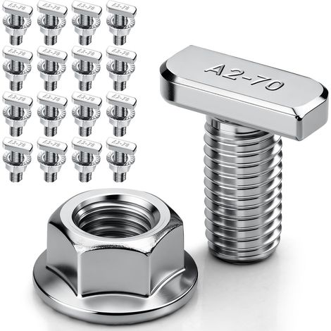 Lot de 16 vis à tête marteau M8 x 20 - En acier inoxydable A2-70 - Avec écrous à dents de blocage - Écrous à bride M8 - Pour rail de montage solaire PV, serre et profil en aluminium (1/5)