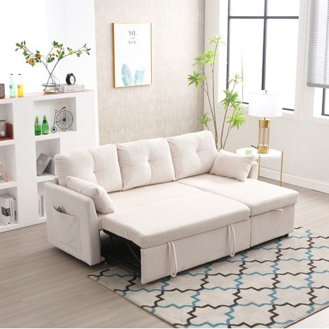 Canapé-lit modulable 206/108 cm beige en velours côtelé, avec rangement et méridienne réversible (1/5)