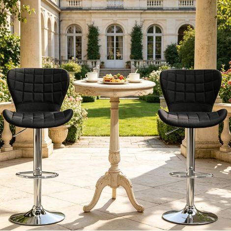 Pack de 2 taburetes de bar regulables, giratorios 360°, en lino negro con base cromada HAVRYA (1/5)