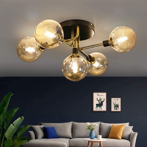GBLY Plafonnier salon avec 5-flamme boules de verre G9 douille plafonnier en ambre fumée chambre à coucher lampe d'intérieur couronne lampe enfant salle à manger lampe (sans ampoules)
