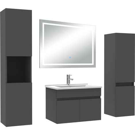 Ocean Ensemble meuble Salle de Bain 60cm avec colonne + miroir lumineux 3 couleurs Anthracite