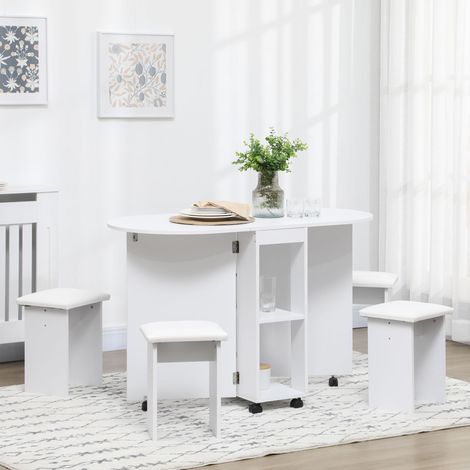 Ensemble de cuisine 5 pièces, table pliante avec 2 étagères et 4 tabourets en aggloméré, blanc (1/5)