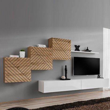 Ensemble Meuble TV "Switch Lamel X" 330cm Blanc & Naturel (1/5)