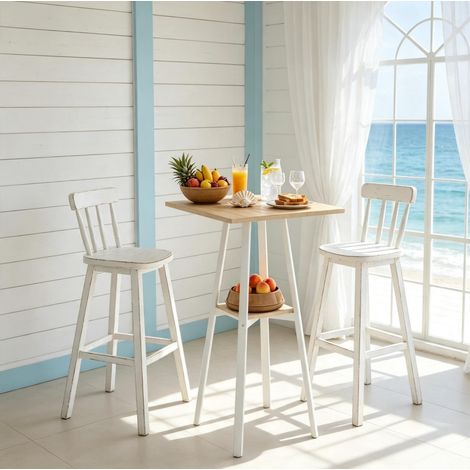 Mesa alta cuadrada 55 x 55 cm con estante, madera y metal blanco OKMYHOME (1/5)