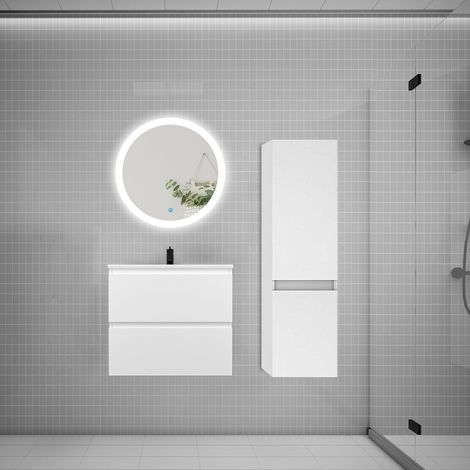 Ensemble meuble vasque L.60cm 2 tiroirs + lavabo + LED miroir rond 60cm + colonne A,blanc aica