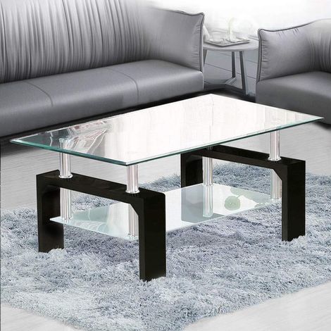 Table basse rectangulaire en verre transparent moderne avec étagère inférieure chromée et support en MDF pour salon, salle de réception, noir (1/5)