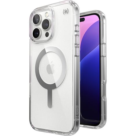 Speck Presidio Perfect-Clear MagSafe - Custodia per iPhone 16 Pro Max (Trasparente / Finitura cromata / Argento sereno) (1/5)