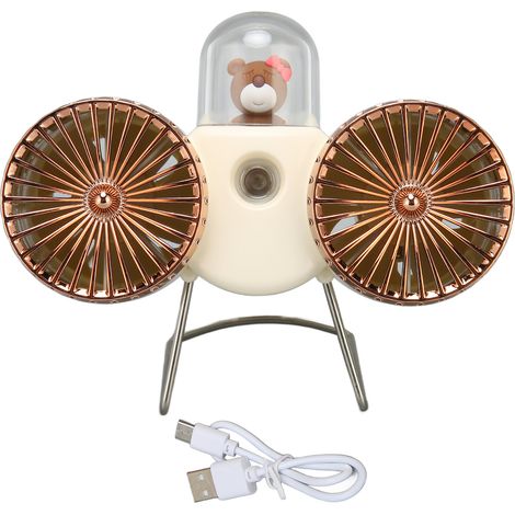 Ventilateur à double tête, design mignon, charge rapide USB-C, 3 vitesses de ventilation, ventilateur brumisateur portable, avec veilleuse, convient aux bureaux de dortoir, beige. (1/5)