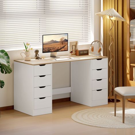 Bureau d'ordinateur de 140 cm, 8 tiroirs, idéal pour un bureau à domicile ou une chambre, en acier et bois, blanc. (1/5)