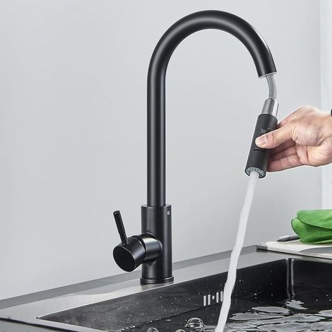 Robinet de Cuisine Pomme d'arrosage noire, Robinet de Cuisine à Arc Haut Pomme d'arrosage Amovible 2 Modes de Pulvérisation Robinet Mitigeur d'Évier à Bec Haut Pivotant à 360 ° (1/5)