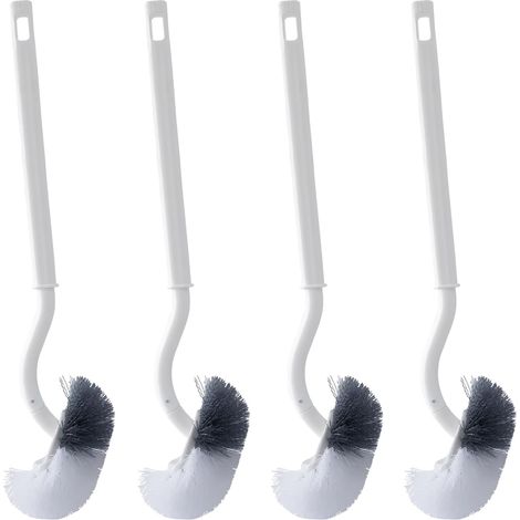 Lot de 4 - Brosse WC - Accessoire Salle de Bain - Design Incurvé pour Nettoyage Profond - Manche Long 40 cm - Poils Flexibles Double Densité - Suspension Facile - Blanc et Gris