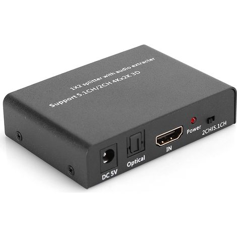 Adaptateur répartiteur HDMI avec extracteur audio, 1 entrée et 2 sorties, commutateur amplifié 110-240 V, noir, Royaume-Uni (1/5)