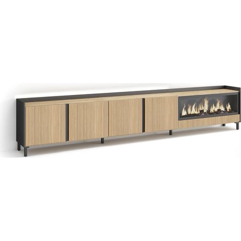 Skraut Home - TV-Schrank, Lowboard, für Wohnzimmer und Esszimmer, 315x61x35 cm, Für TV-Geräte bis zu 80", Elektrokamin XXL, Industriedesign, Led, Moderner Stil, Eiche Schwarz (1/4)