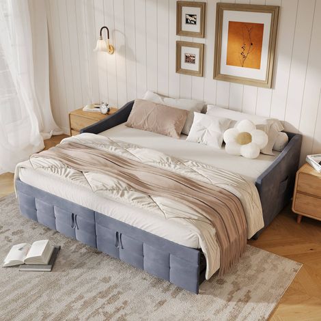 Letto con Ruote 90/180x200 cm, Letto Estraibile, Tasche Laterali, Tessuto in Velluto, Base a Doghe, Divano Letto Multi-funzionale - Grigio