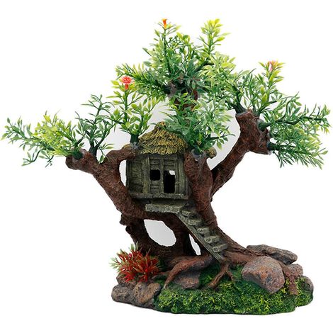 Aquarium-Dekoration: Haus auf Baum mit Treppe und Gras für Süß- und Salzwasser