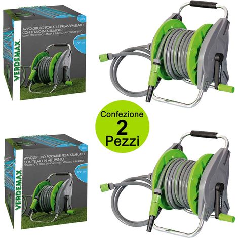 Multipack da 2 pz avvolgitubo manuale portatile con tubo metri 15 verdemax telaio in alluminio