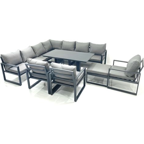 Fimous 11 Seater Outdoor Aluminum Garden Furniture Set Corner Sofa Big Footstool 3 Chairs Adjustable Rising Lifting Dining Table Sets Dark Grey (1/5)