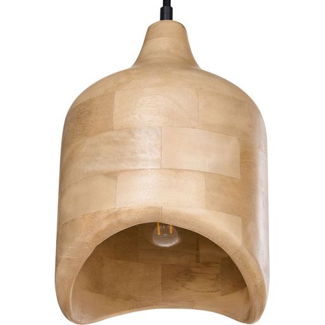 Lampe Suspendue Moderne Boho en Bois de Manguier avec Abat-Jour Rond Marron Clair Pandu