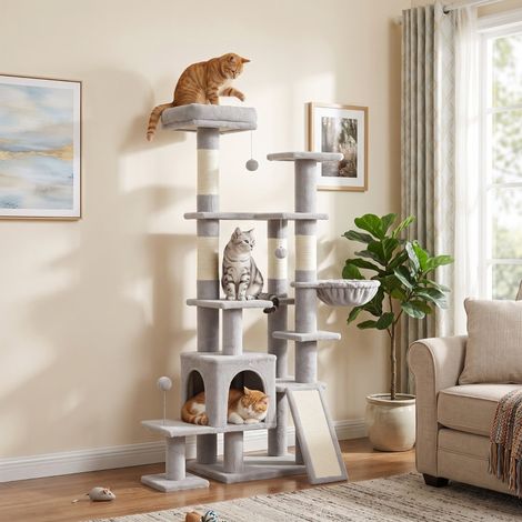 Árbol rascador grande para gatos, 152 cm de altura, con postes rascadores, cuevas con 2 entradas, 3 pelotas, hamaca, 6 kg, gris claro. (1/5)