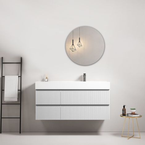 Mobile bagno sospeso cannettato 120 cm Bianco Lavabo a Destra in Resina Specchio Tondo - Fiji Paint (1/4)