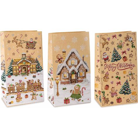 Sacchetti natalizi in carta kraft con stampa pan di zenzero, set da 60 pezzi, cm 15 x 10 x 28 H